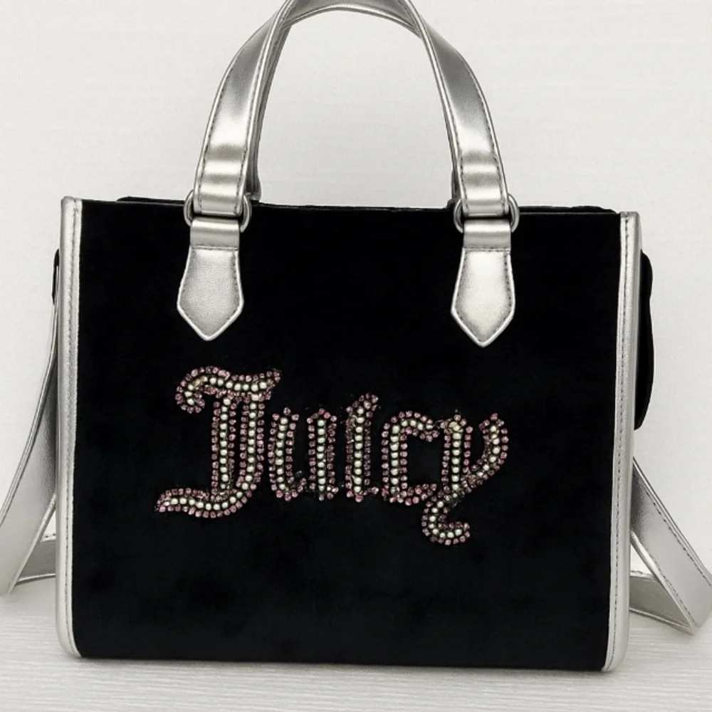 Juicy Couture Black & Silver Velvet Tote Bag – 9” Length x 8” Height